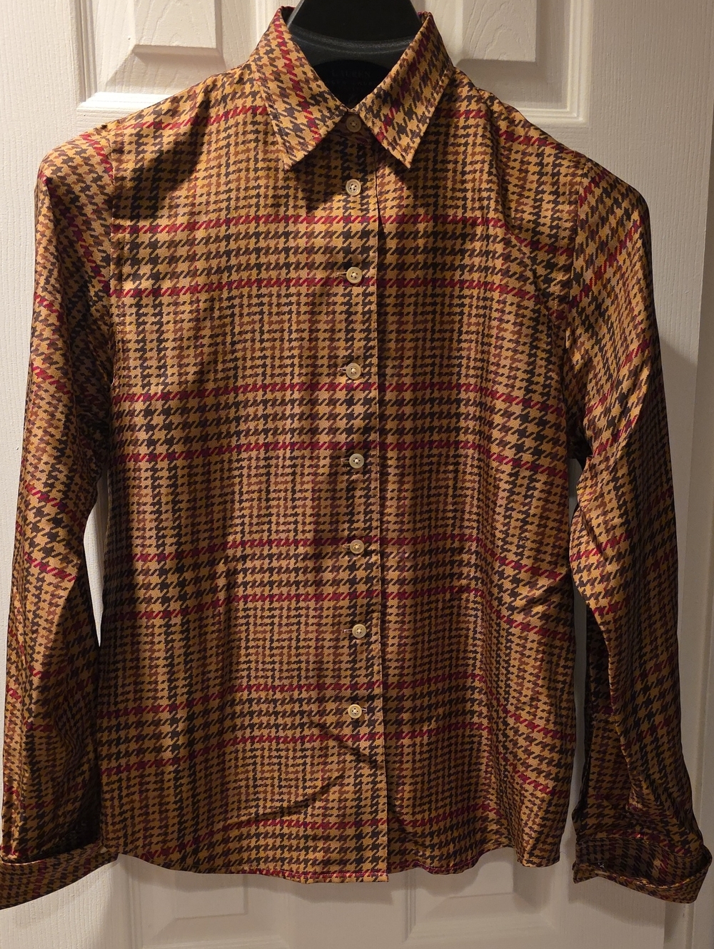 Women's Ralph Lauren Houndstooth Dress Shirt in Brown with Red Accents, Petite 4 - Picture 1 of 6